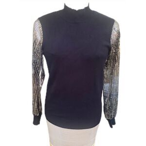 Tahari Sheer Sequin Sleeve Mock Neck Top Sz L Holidays, New Years Eve